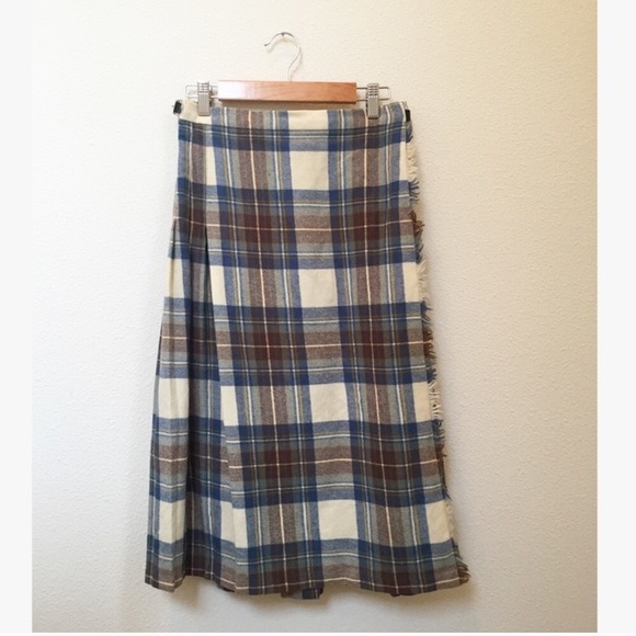 Vintage Dresses & Skirts - Vintage Plaid Tartan Wool Fringe Wrap Midi Skirt